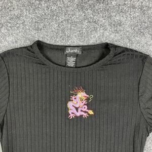 Justify T-Shirt Womens Size M Black Ribbed Stretch Dragon Graphic Y2K Fitted Top